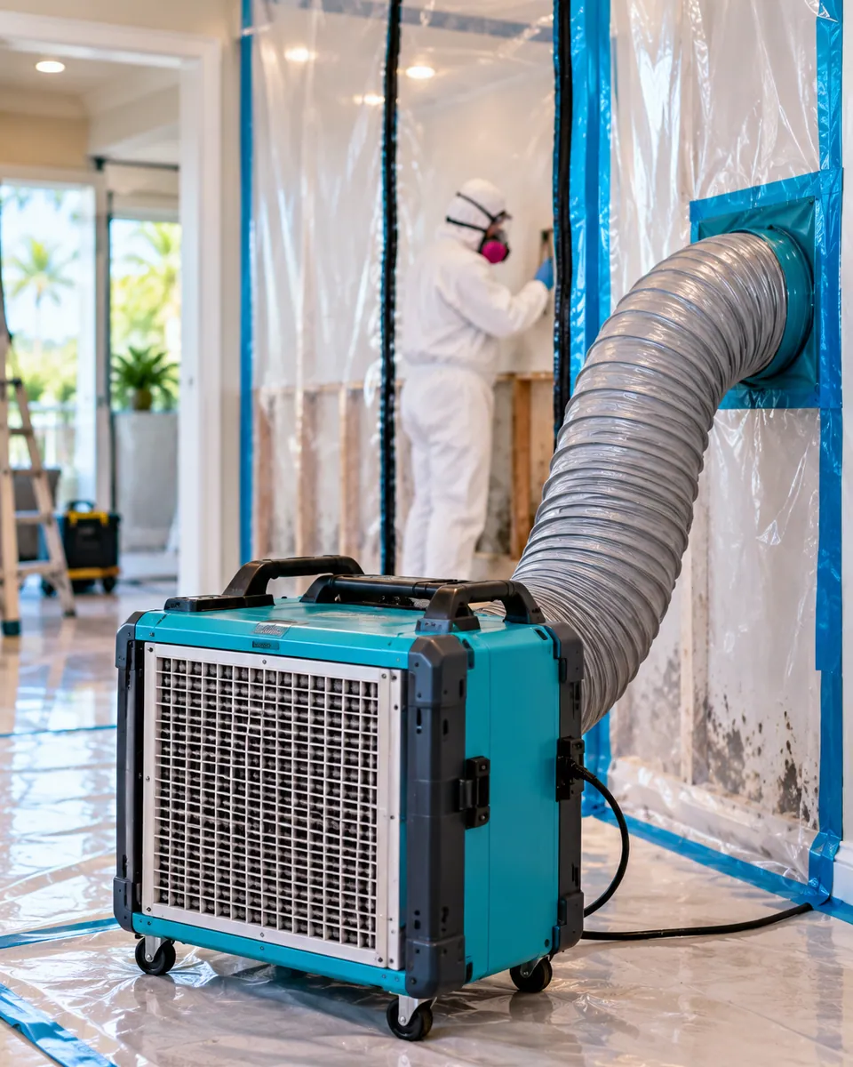 HEPA air scrubber and poly containment set up for mold remediation in Juno Beach